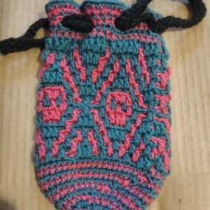 Skulls Mosaic Crochet Pouch (Teal and Pink)